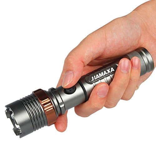 Tactical Flashlight HAMAXA Super Bright 1000 Lumens Cree XML T6 Water Resistant Focus Zoom Flashlight Torch Rechargeable Handheld LED Light Lamp with 18650 Battery Charger for Hiking Camping Emergency