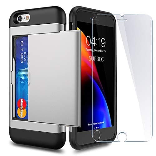 iPhone 6 / 6s Case with Card Holder and[ Screen Protector Tempered Glass x2Pack] SUPBEC i Phone 6 / 6s Wallet Case Cover with Shockproof Silicone TPU + Anti-Scratch Hard PC - Full Protective(Silver)