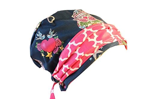 Scrub Hat Chemo Cap European BOHO Banded Pixie Bad Hair Day MANY Colors (glitter skull / pink)