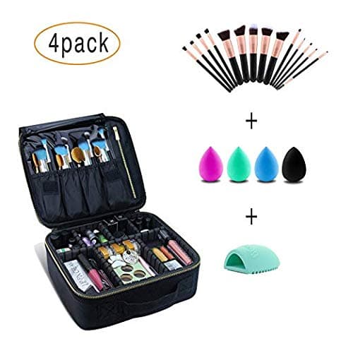 Makeup Bag and Makeup Accessories 4pcs, Makeup Train Case - 14pcs Makeup Brush - 4pcs Beauty Makeup Sponge - Silicone Makeup Brush Egg for Makeup Brushes