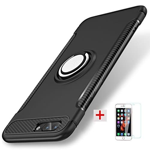 iPhone 8 plus Case, iPhone 7 plus Case 2017 with Ring Kickstand Shockproof Protective Cover Work with Magnetic Car Mount + Tempered Glass Screen Protector (Black)