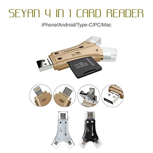 SEYAN 4 in 1 Card Reader Flash Drive USB Micro SD SDHC TF Reader for iPhone 7/7 plus/6s/6s plus/s5s/5/5c/ ipad / MAC / PC / Android (Gold)