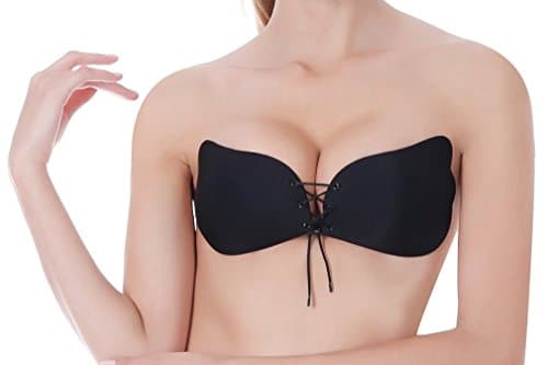 Magic Bra Women's V-shaped Rope Backless Strapless Adhesive Invisible Silicone Bra (FABRIC BLACK C)