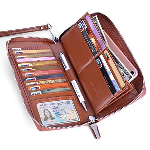 Womens RFID Blocking Wallet Real Leather Zip Around Clutch Large Travel Purse (Coffee)