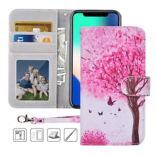 Urbeutyke iPhone X Wallet Case,iPhone X Case, Premium PU Leather Flip Folio Case Cover with Wrist Strap,Card Slots,Cash Pocket,Kickstand for Apple iPhone X 5.8 inch - Pink tree