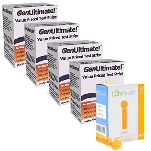 Genultimate Blood Glucose Test Strips for Use with One Touch Ultra, Ultra 2 and Ultra Mini Meter, 200 ct Strips (2 boxes of 100) with 100 Lancets by Care Touch 30g