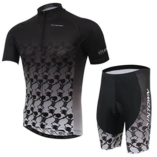 BESYL Unisex Printed High-Performance Mesh Cycling Clothing Kit, Cycling Jerseys Short Sleeve and Padded Shorts Suit for Bike, Biker, Bicycle, Riding (Black Gradient Gray Skulls)