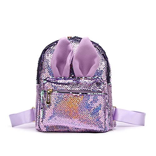 Magic Reversible Sequins Backpack with Cute Rabbit Ears Schoolbag Shoulder Bag Mini Backpack Purses for Girls Women (Purple)