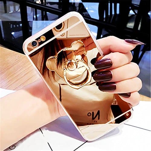 Etsue Glitter Mirror TPU Case for iPhone 6s/iPhone 6, [Cute Bear 360 Degree Rotating Stand Holder] Protective Rubber Case for iPhone 6s/iPhone 6, Luxury Fashionable Mirror Effect Ultra Thin Crystal Clear Slim Fit Soft TPU Rubber Silicone Gel Case Cover for iPhone 6s/iPhone 6 with Blue Stylus Pen and Bling Glitter Diamond Dust Plug Colors Random-Mirror,Gold