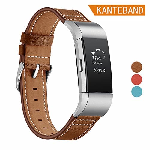 For Fitbit Charge 2 Replacement Bands, Men Classic Genuine Leather Wristband with Metal Connectors by Kanteband, Fitness Large Strap for Fit-bit Charge2 Watch (Brown)