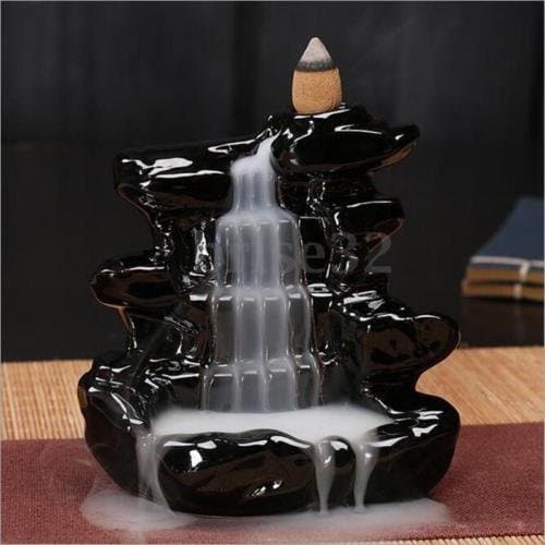 HYOMI Black Waterfall Porcelain Backflow Ceramic Cone Incense Burner Holder + 10 cones