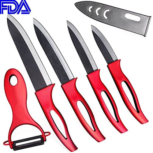 UTimHome Ceramic Knife Set, Multi-Color Set, Blade Kitchen Knives with Sheath Protector - 6" Chef Knife, 5" Utility (Slicing), 4" Fruit Knife, 3" Paring, Vegetable Peeler (Red &amp; Black)