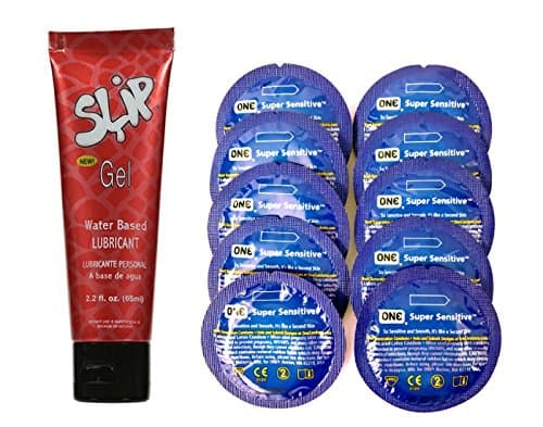 Long Lasting Water-based Personal Lubricant 2.2 Oz ForPlay Slip with Free One Condom Super Sensitive Condoms 10 Pack Bulk