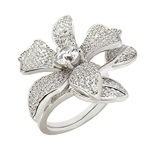 Hinged 1 or 2 Finger ring Flower designer 23 mm Wide Brilliant cut 925 Silver