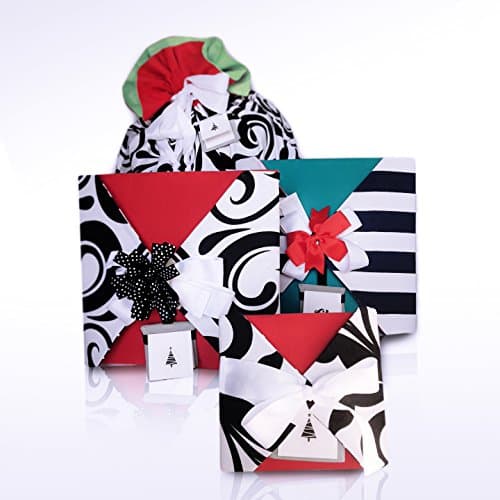 32 Piece Reusable Reversible Fabric Gift Wrap Set Kit with Bag Bows Ribbon Tags Cards – Don’t Need Boxes Tissue Wrapping Paper - Fast Easy Beautiful Holiday - Eco Friendly Saves Money by ggwrap