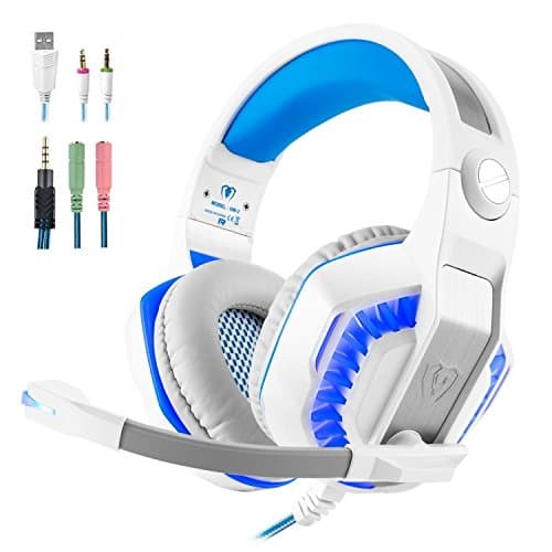 PS4 Headset, Xbox One Headset, Gaming Headset, Collee GM-2 3.5mm Stereo Bass Noise Cancelling Over-Ear Headphones with Mic Volume Control LED Lights for PC, Laptop, Smartphones, Wii U (White-blue)