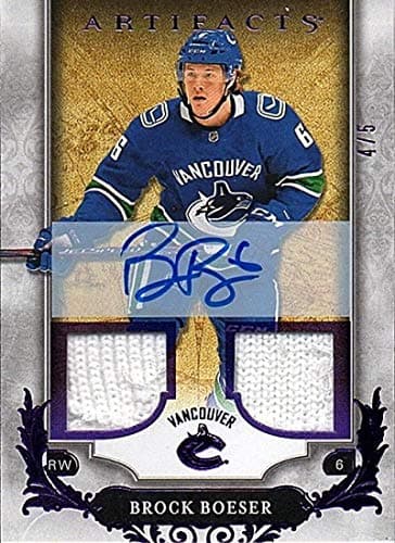 2018-19 Upper Deck Artifacts Autograph Material PATCH Purple #110 Brock Boeser AUTO 4/5 Vancouver Canucks