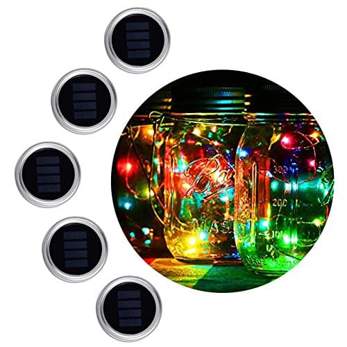 5 Pack Solar Mason Jar Light 10 LED Color Changing Fairy String Lights on Lids Insert for Christmas Holiday Party Wedding Garden Path Home Indoor Outdoor Decoration Lighting Fit for Regular Mason Jar