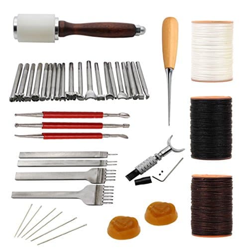 EVNSIX 20pcs Leather Carving Working Saddle Making Tools Hammer Swivel Knife Leather Craft Modelling Pen 4mm 1/2/4/6 Leather Prong Kit Waxed Thread Hand Stitching Sewing Needles