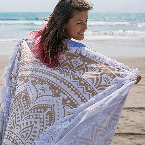 Mandala Life ART Boho Chic Mandala Beach Throw - 180cm - Oversized Indian Hippie Tapestry Wall Hanging - Round Metallic Gold Golden - Hand Printed - Organic Cotton