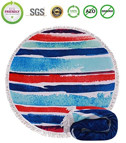 Same Pattern Different Quality 2018 New Developed Material Thick Round Beach Towel Round Beach Blanket 100% Microfiber Terry Quality with Tassels 62 inches Blue Red Doodle Stripe