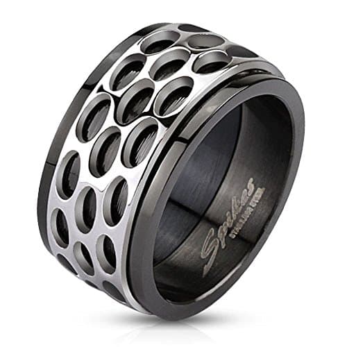 11.5mm Black Two Tone Stainless Steel Oval Pattern Spinner Designer Wedding Band - Size 9