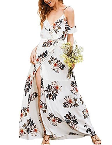 HONEY BOUTIQUE Women's Summer Ruffle Split Cold Shoulder Strap V Neck Floral Maxi Dress White