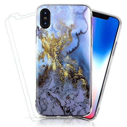 Stone Marbled Pattern Case, SkylerShield Apple iPhone 10 iPhone X Soft Gel Case, Gold/Blue Marble Pattern TPU Full Protection Bumper Includes 2pk of Tempered Glass Bundle Case for Apple iPhone X