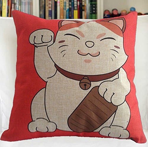 Lucky Cat Pattern Cotton Linen Decorative 18" 18" Throw Pillow Cover Cloth Art Toy Pillow Case (1)