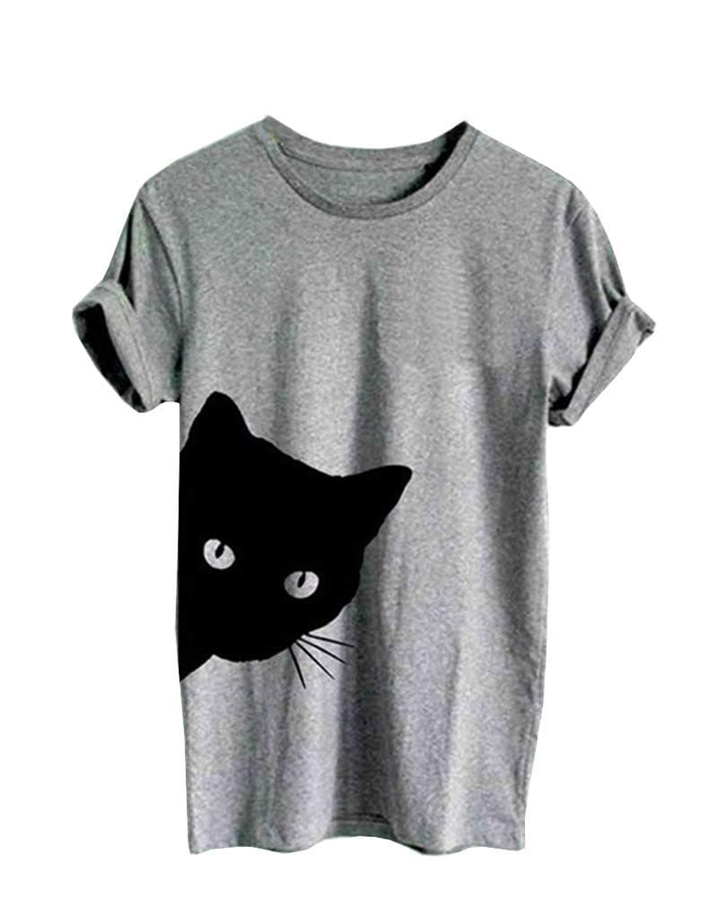 Women's Cat Print Tee Summer Casual Basic Short Sleeve Round Neck T Shirts