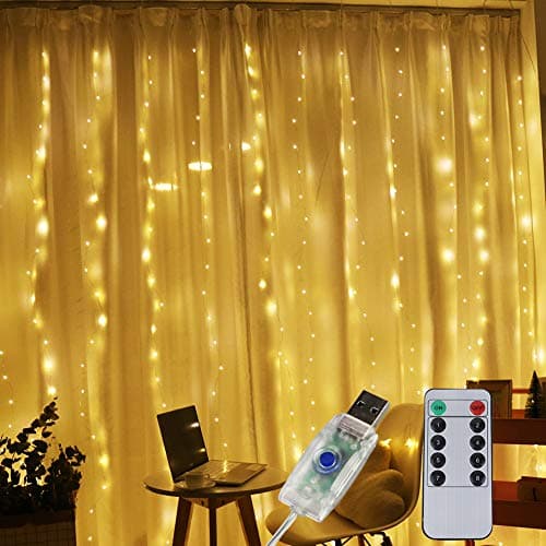 BHCLIGHT Window Curtain String Light, 300 LED USB Powered Fairy String Lights Copper Light, 8 Modes Icicle Lights for Bedroom,Wedding Party,Outdoor Indoor,Wall Decorations, (8.5x9.8Ft,Warm White)