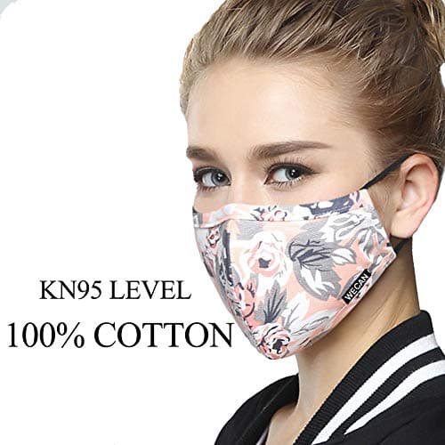 N95 Dust Masks with Replaceable Activated Carbon Filter, 5 Layers Freely Breathable PM2.5 Anti Pollution Cotton Mouth Mask for Men Women, Washable and Reusable Mouth Cover (Grey Flower)