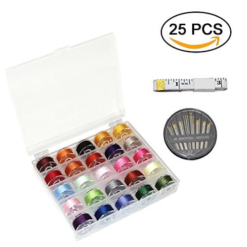 YiwerDer 25Pcs Bobbins and Sewing Threads with Bobbin Case, Pre-wound Bobbins Set for Brother Singer Babylock Janome Kenmore Sewing Machine, with Free Sewing Needles Box and Measuring Tape