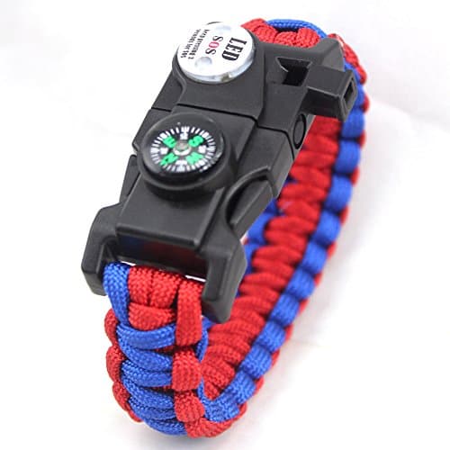 Multifunction Survival Bracelet with SOS LED Light, Fire starter, Compass, Rescue Whistle, Parachute Rope and Multitool