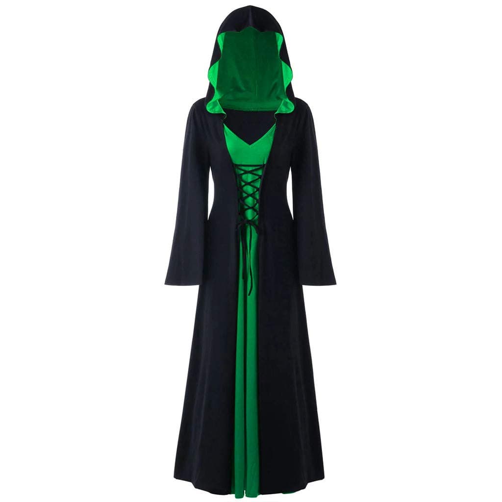 Juner Women's Plus Size Halloween Hooded Lace Up Patchwork Long Sleeve Long Maxi Dress