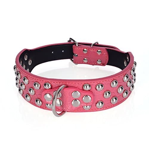 Younther Pet Round Rivet Adjustable Leather Pet Collars for for Medium &amp; Large Dogs Cats,Pink,M