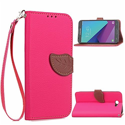 Samsung Galaxy J3 Emerge Case,J3 Prime,J3 Eclipse,Sol 2,Amp Prime 2 Case,Embossed Leather Wallet Flip Protective Cover Case For Samsung Galaxy J3 2017 J320 With Card Slot Wrist Strap (Leaf Pink)