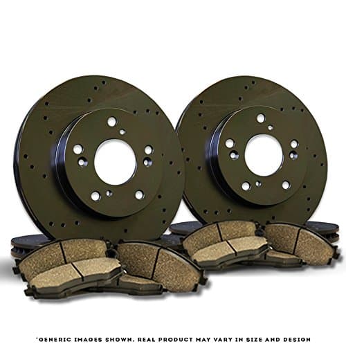 [Front+Rear Full Kit][Ready-to-Install] 4 Black Coated Cross Drill TOP-NOTCH Disc Brake Rotors + 8 Ceramic Pads[5lug]