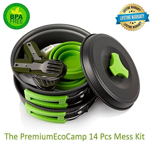 Mess Kit (14 Pcs) for Camping w/ Cookware Set Plus 2 Utensil Sets, 2 Silicone Cups, Cutting Mat &amp; Dunk Bag by EcoCamp Outdoor Gear|Compact, Light &amp; Durable for Military, Backpacking, Hiking|Green