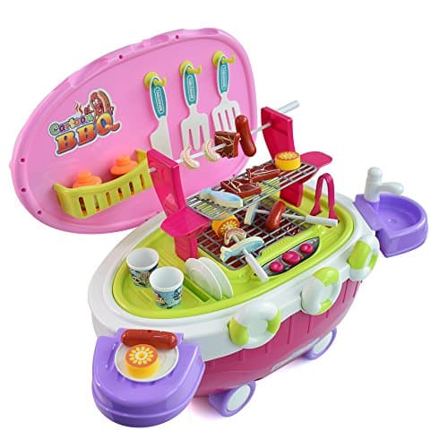 Seprovider Kitchen BBQ Pretend Play Grill Set, Backyard Barbeque Playset w/ Light &amp; Sound, Battery Operated Cook Toys for Kids w/ 40 Simulation Play Food and Cooking Tools