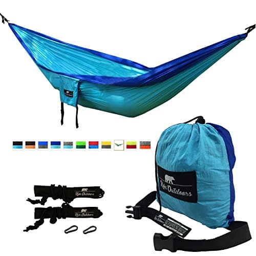(Blue/Light Blue) Koki Outdoors Lightweight Double Hammock - Heavy Duty Parachute Nylon - Tree Straps, Steel Carabiners and Carry Bag Included