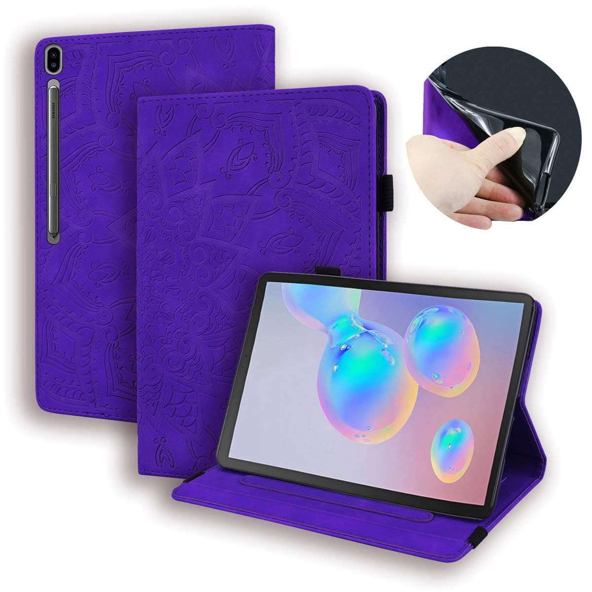Galaxy Tab S6 10.5 Tablet Case, YINCANG Embossing PU Leather Soft TPU Inner with Pencil Holder and Multiple Card Slot Protective Flip Folio Folding Stand Case for Samsung Galaxy Tab S6 10.5" Purple