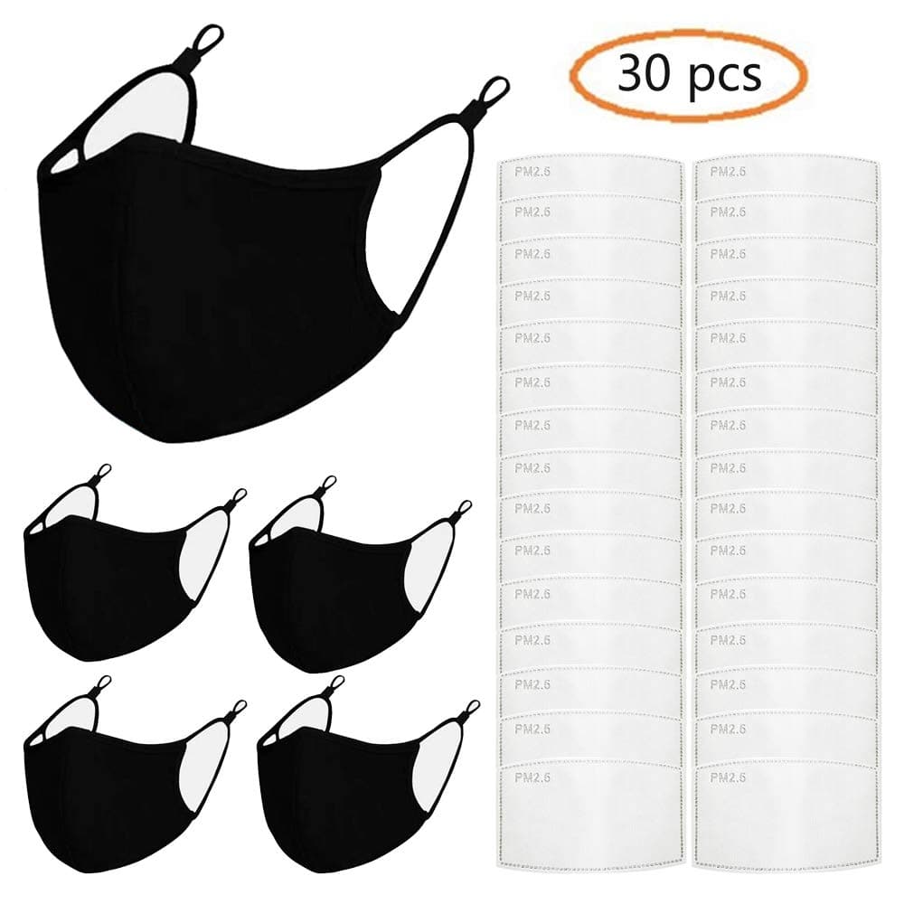 5 Pack Washable Cotton Face Masks With 30 Pcs Replaceable Mask Filter, Anti Dust Face Mouth Masks Particulate Mask for Smoke, Black Face Mask for Cycling, Sport, Travel, Daily Life