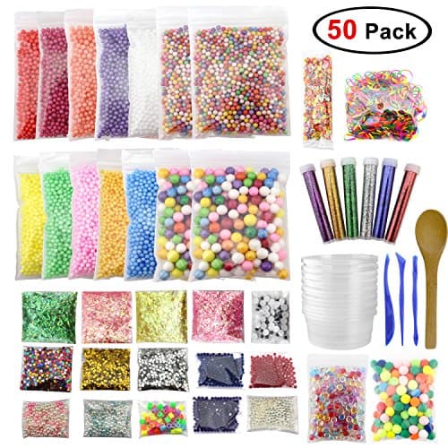 50 Pack Mega Slime Making Kit Including Foam Balls, Fishbowl Beads, Water Beads, Slime Containers, Fruit Slices, Glitter, Pearl, Sugar Paper, Loom Bands, Slime Tools for Slime Making Arts DIY Craft