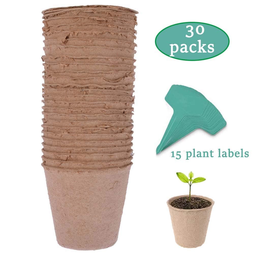 JTEEY 30 Pack 3" Peat Pots Plant Seed Starters Kit for seedlings & Herb,Transplant Seedlings Pots,Organic Biodegradable Eco-Friendly Pots for Seedlings, Flowers, Vegetables with 15 Pcs Plant Labels¡­