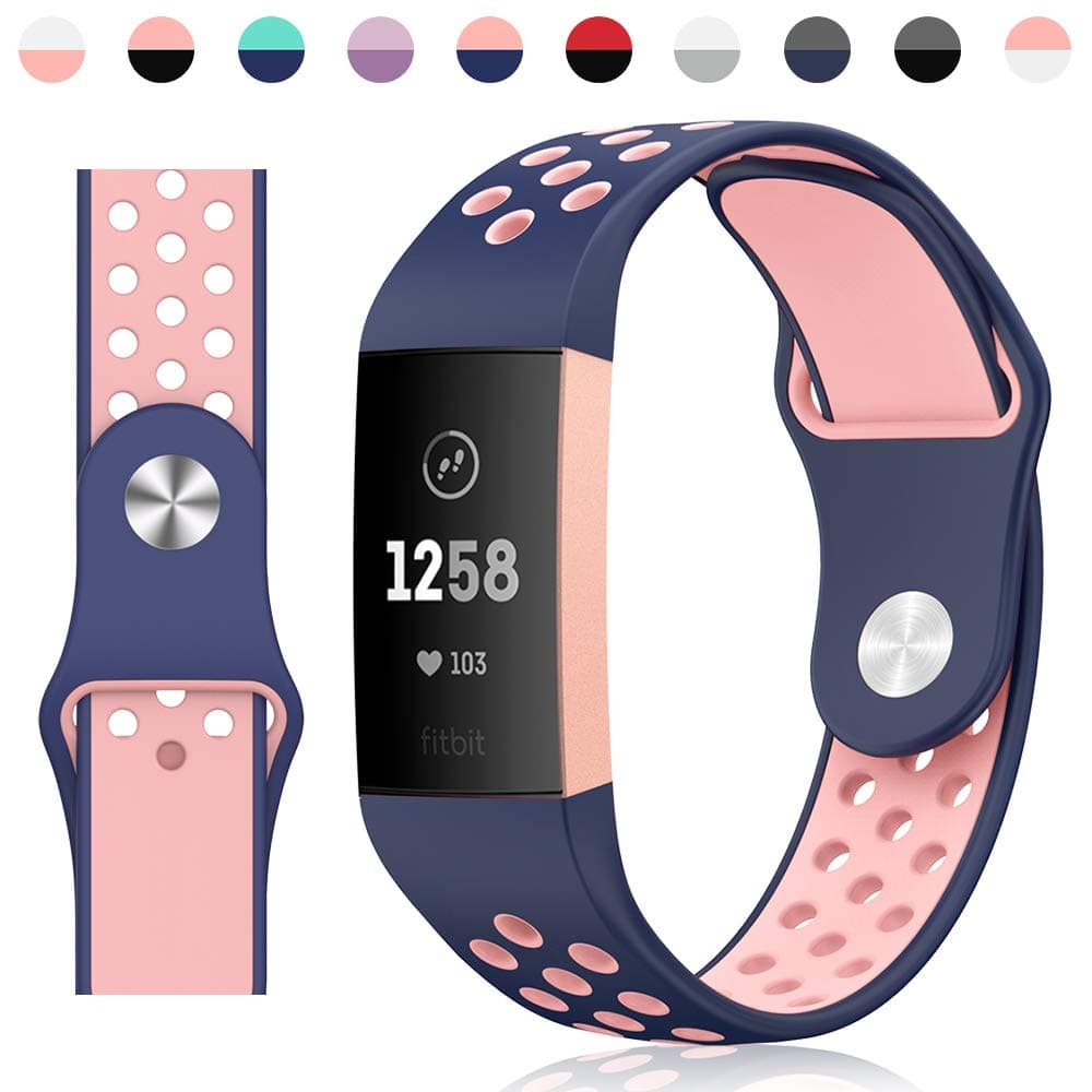 TesRank Compatible Fitbit Charge 3, Soft Silicone Strap Replacement Wristband for Fitbit Charge 3, Blue and Pink, Large