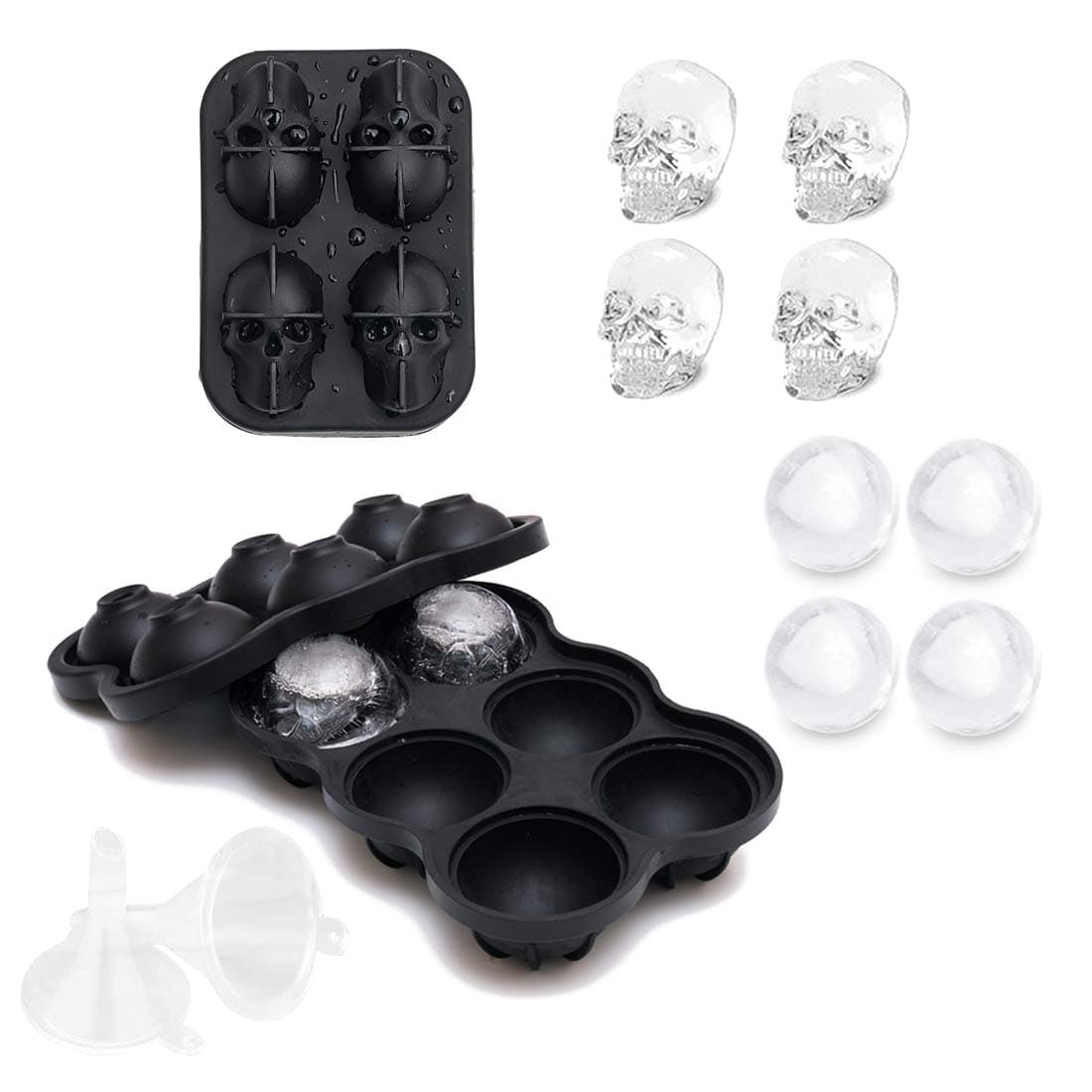 Ice Cube Mold - HIFEOS Silicone Ice Cube Trays, Sphere Ice Ball Maker with Lid & 3D Skull Ice Molds for Whiskey & Cocktails, with 2 Funnels (Set of 2)