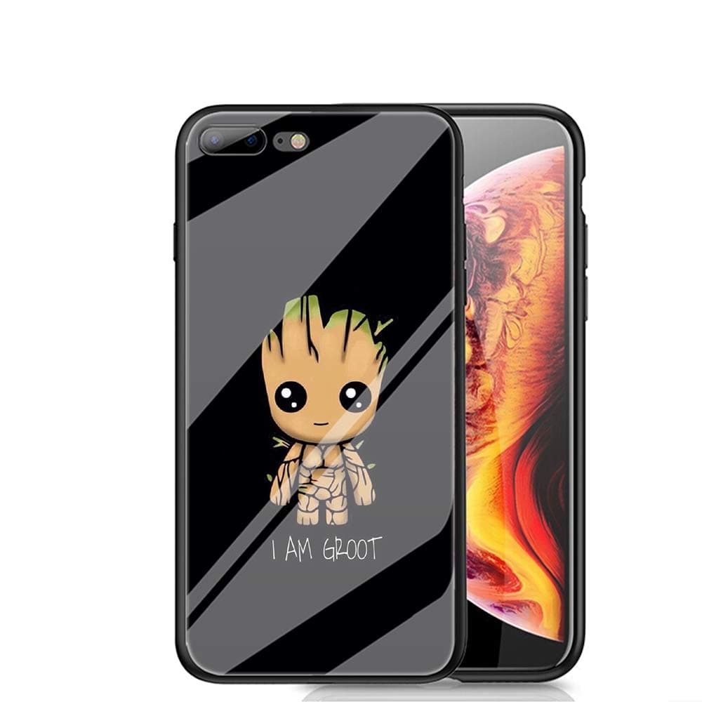 RUIWEI RWNO-277 I am a Groot Designed for iPhone 7/8 Case，Tempered Glass Back Cover and Black Anti-Scratch Shock Absorption Cover Case