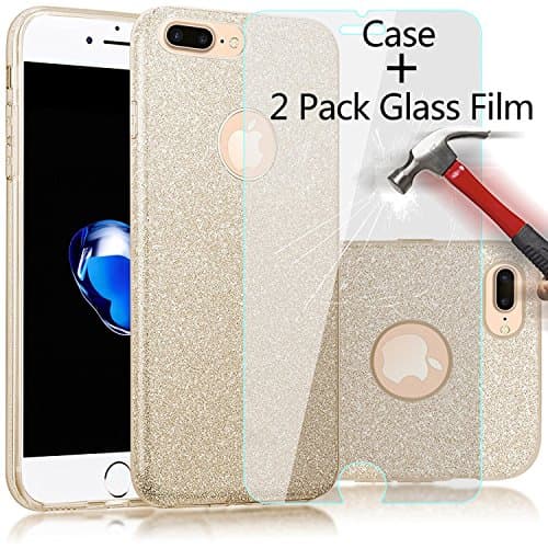 （2 Pack Glass Film+Case）Truecore iPhone 6 6s 4.7 Inch Case Kits, Fashion Luxury Protective Hybrid Beauty Crystal Rhinestone Sparkle Glitter Hard Diamond Case Cover (gold)