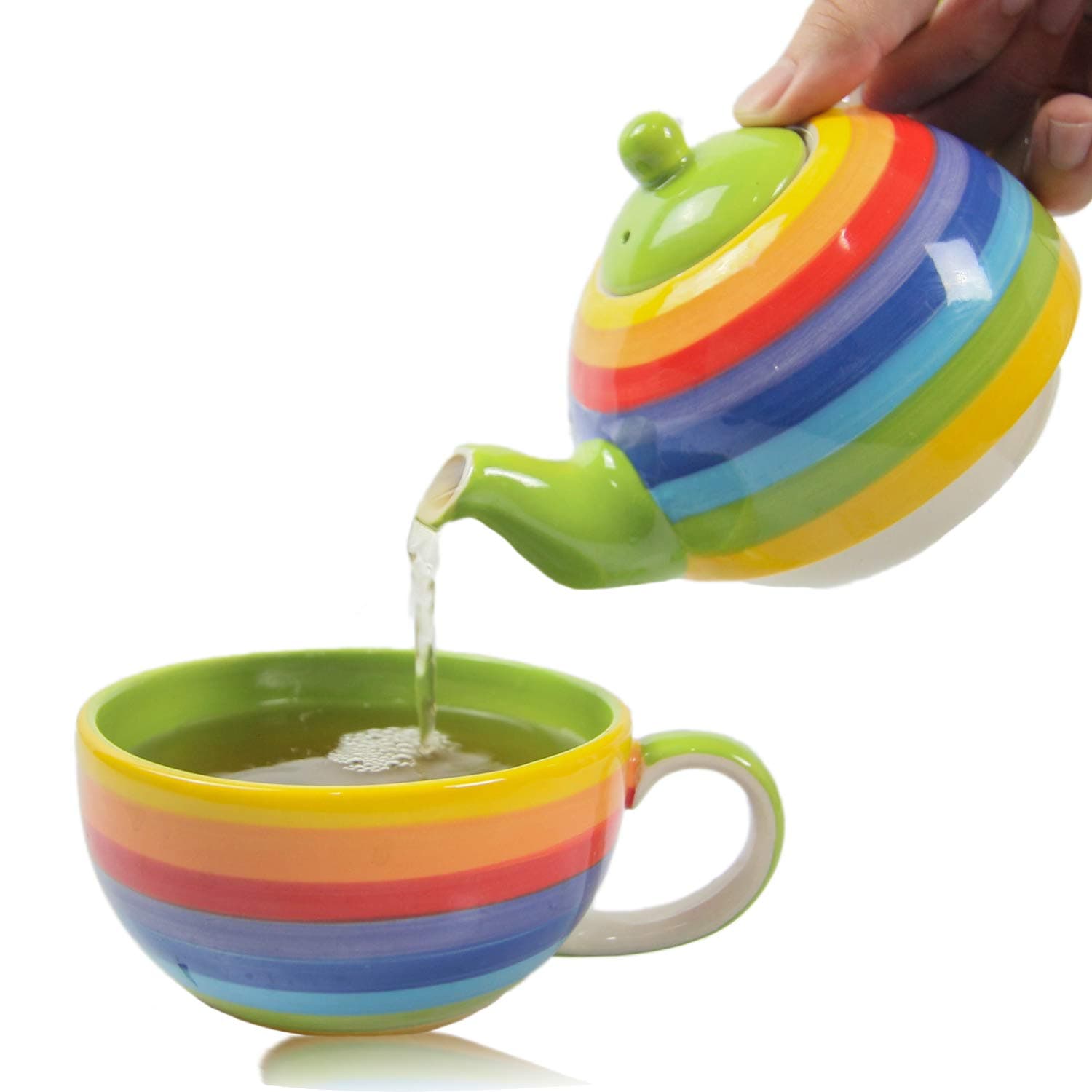 CinMin Rainbow Striped Ceramic Stoneware Handpainted Tea for One